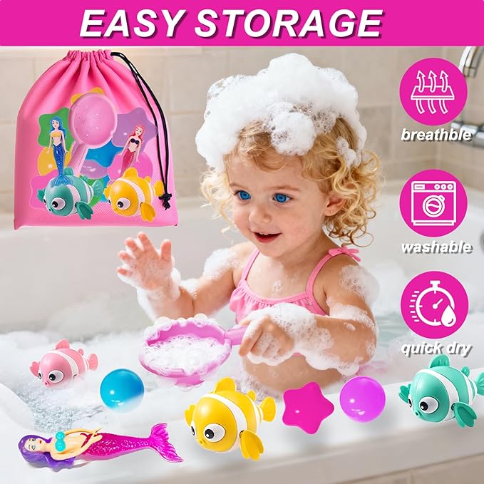 Baby Bath Toys for Kids - 20 PCS Little Mermaid Dolls, Wind Up Swimming Fish, Balls, Scoop and Storage Bag. Mold-Free Toddler Water Toys for Bathtub and Pool Diving, Gift for Girls Ages 1-3, 4-8