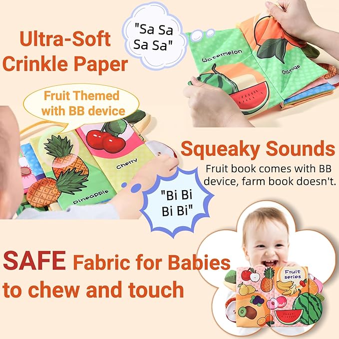 Baby Books 0-6 to 12 Months Infant Cloth Stroller Toy, Tummy Time Toys for Infants 0-3-4-7-9 Month, Newborn Girl Boys Gifts Stocking Stuffers Crinkle Touch Feel Sensory Book for Babies 2PCS