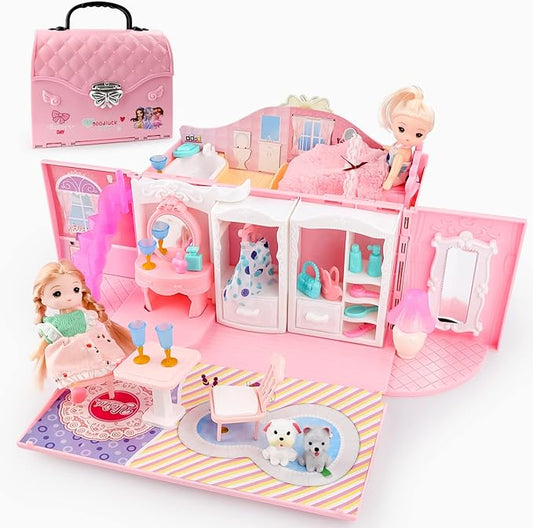 deAO Dollhouse Portable Backpack for Girls Pretend Playhouse with Furniture & Figures 2 in 1 Playhouse Set Birthday Toys for Age 3-6 Year Old Kindergarten Toddlers Preschoolers