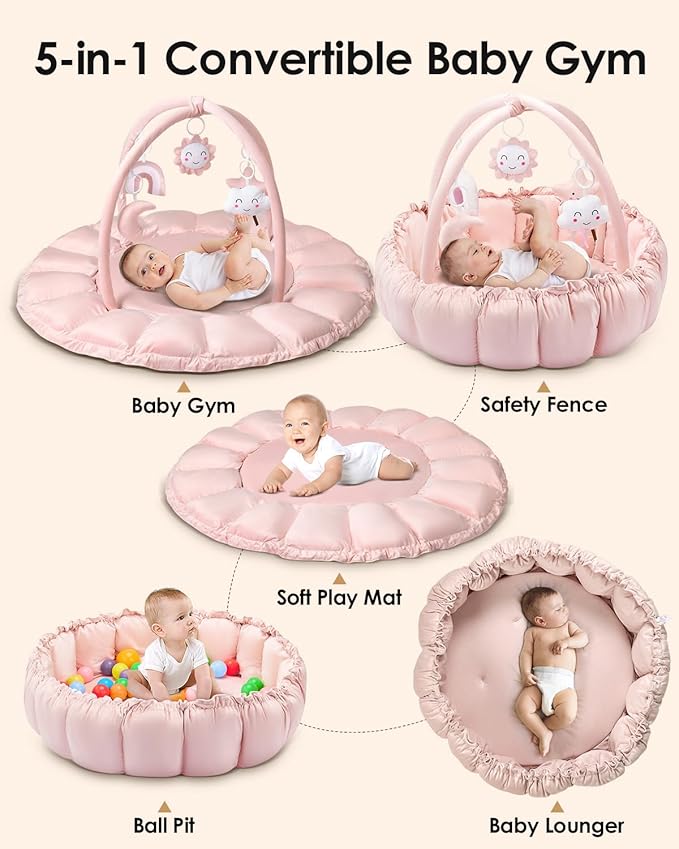 5-in-1 Convertible Baby Gym Play Mat with Hanging Toys, Soft Padded Baby Lounger & Ball Pit, Plush Tummy Time Mat for Newborns to Toddlers, Machine Washable, Pink