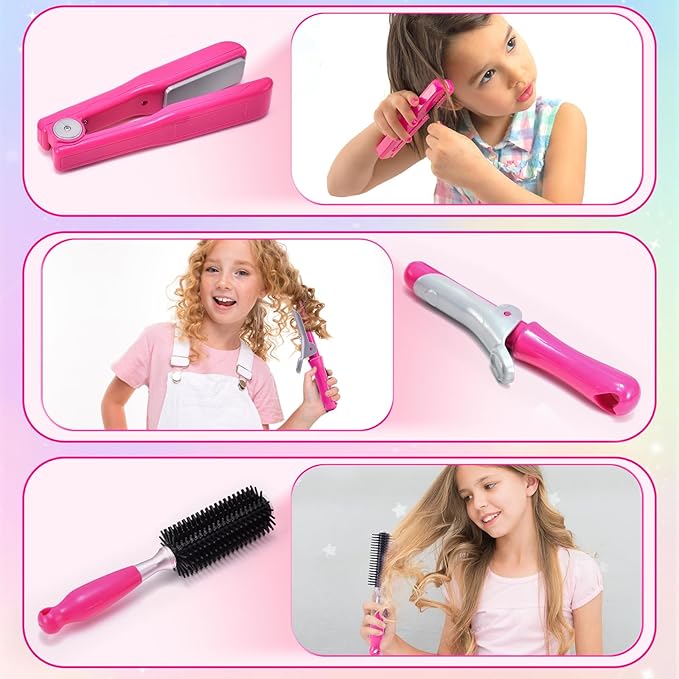 Lorfancy 49 Pcs Hair Salon Girls Toys Kids Pretend Play Makeup Sets Toddler Dress Up Beauty Hair Stylist Kit with Hairdryer Apron Curling Flat Iron Mirror Scissors Accessories Girl Birthday Gifts