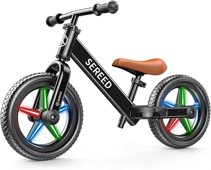 SEREED Toddler Balance Bike 2 Year Old, No Pedal Kids Bicycle Toys for 2-5 Years Old, Tool-Free Adjustment, Customize Plate with Stickers, Gift for 2-3 Boys Girls (Black Lighting)