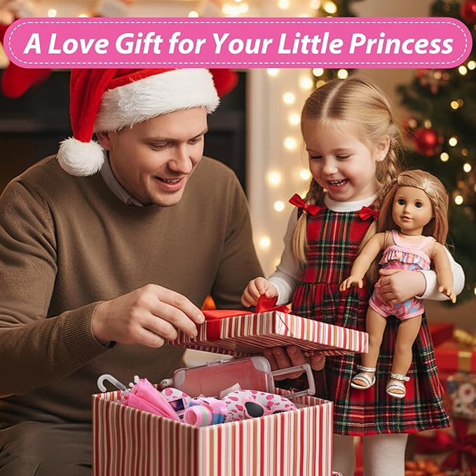 Acelane American Doll Travel Suitcase Play Set - 18 Inch Doll Travel Carrier with Luggage, Clothes, Sunglasses, Camera, Laptop, Pillow - Pretend Play Toys Gift for Girl's Birthday, Christmas, Party