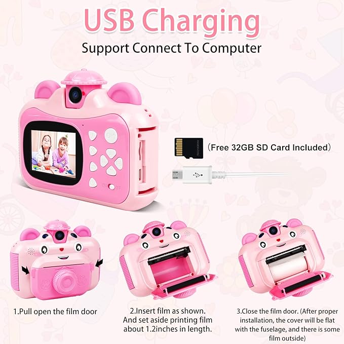 Instant Print Digital Camera for Kids, Toddler Camera, 20MP Selfie Video, Children's Toy, Christmas & Birthday Gift for 6-12 Year Old Girls & Boys, Pink