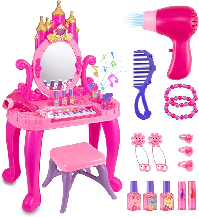 Vanity Makeup Table Toy with Adjustable Mirror, Comfortable Seat, Electronic Organ, Lights, and Music for Little Girls - Spark Imagination with Our Toddler Vanity Set
