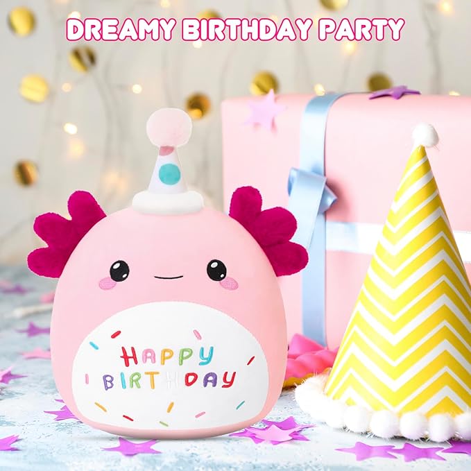 SQEQE Happy Birthday Axolotl Plush Axolotl Stuffed Animal Toy Pink Birthday Plushies Home Decor for Girls Boys Kids(14 Inch)