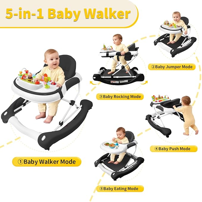 5 in 1 Baby Walker, Music and Lights Walker for Baby Boy Girls 6-12 Months, Foldable Baby Walkers with Wheels and Bouncer Combo Portable, Toddler Infant Walker with Adjustable Height