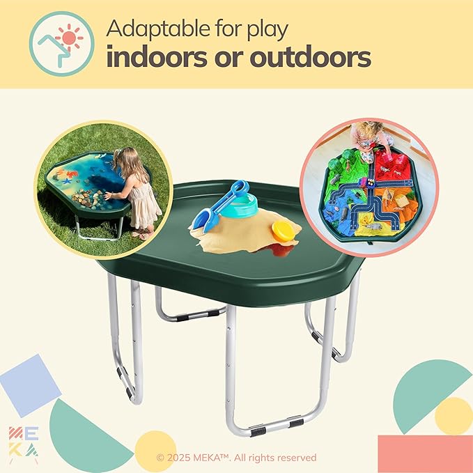 MEKA Small 28"x28" Tuff Tray Set Dark Green, Activity Sensory Tray Plus Stand Children, Outdoor Play Sand and Water Table for Toddlers and Kids, Toy Boys Girls