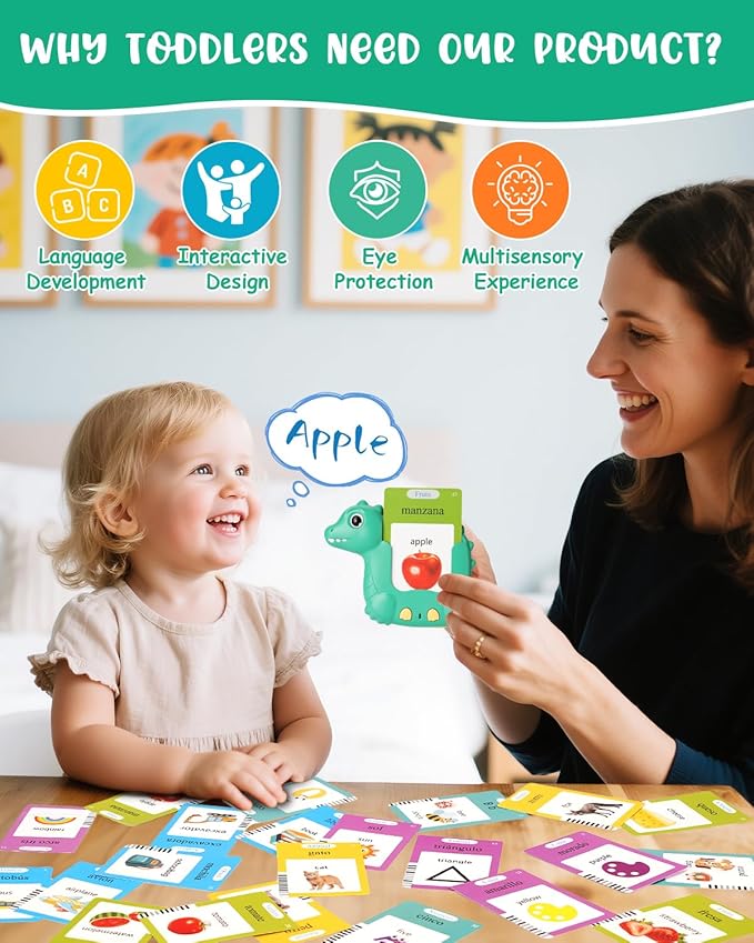 Spanish English Talking Flash Cards with 510 Words, Montessori Learning Toys for Toddlers Kids 1-3, Autism Sensory Pocket Speech Therapy Toys Gifts for Boys Girls 1 2 3 4 5 6 Years Old