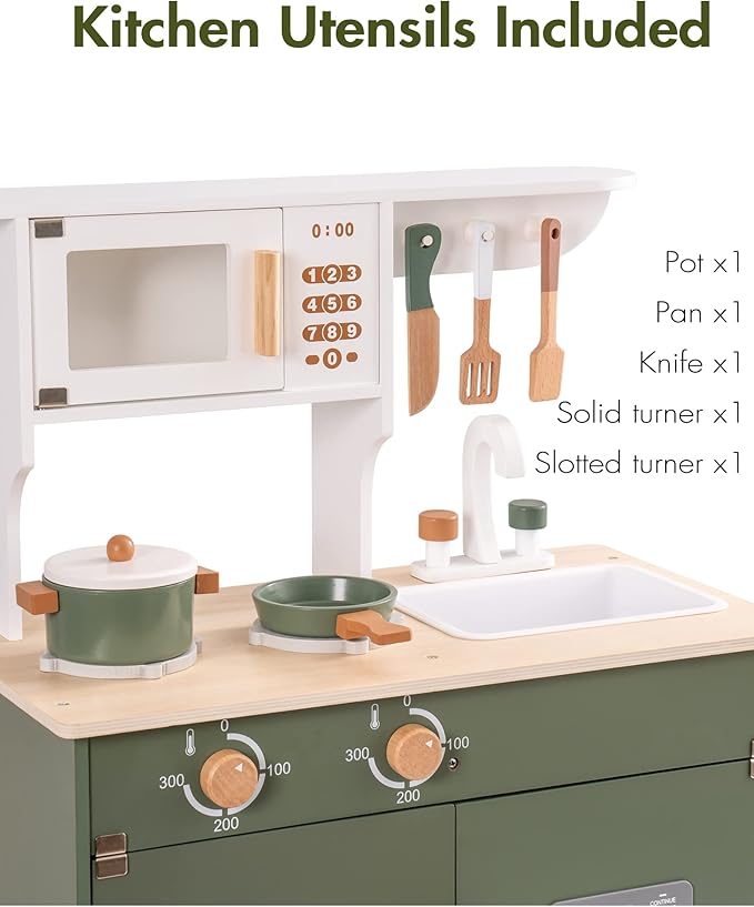 ROBOTIME Play Kitchen with Pretend Ice Cube Dispenser for Toddler, Wooden Kids Kitchen Play Set, Toy Kitchen Set for Kids Age 3 4 5 6 7 (Vintage Green)