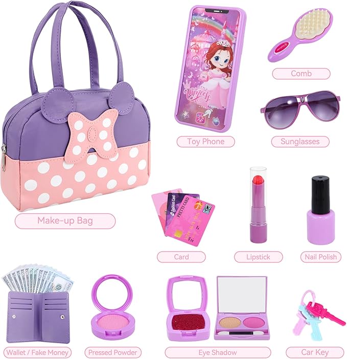 Pretend Play Purse for Little Girls, Toddler Purse with Pretend Makeup Toys for Toddlers, Princess Pretend Play Purse Toys, Kids Purse Toy Birthday Gift for Girls Age 3 4 5 6+ (Purple)