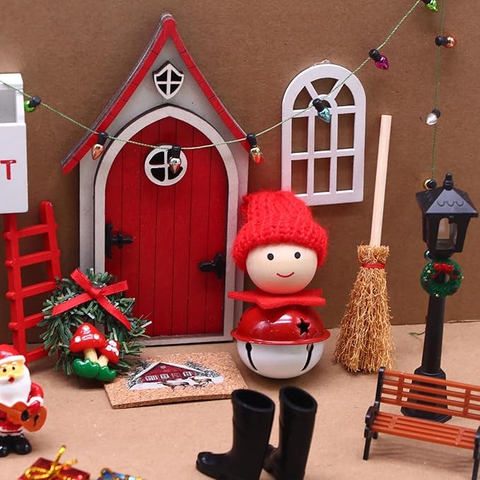 LOGOFUN Miniature Fairy Door Elf Gnome Set with Yellow Bell for Dollhouse Christmas Scene Decoration