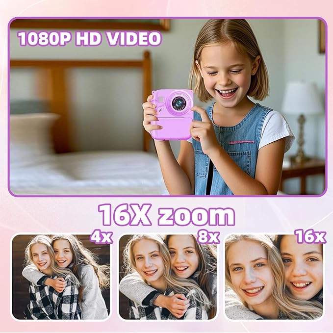Instant Print Camera for Kids, 1080P Video Camera with 3 Print Rolls, 32GB Card & Cute Cover, Gift for Girls Boys Age 3-12, Toddler Digital Camera with Games, Filters, Music – Purple