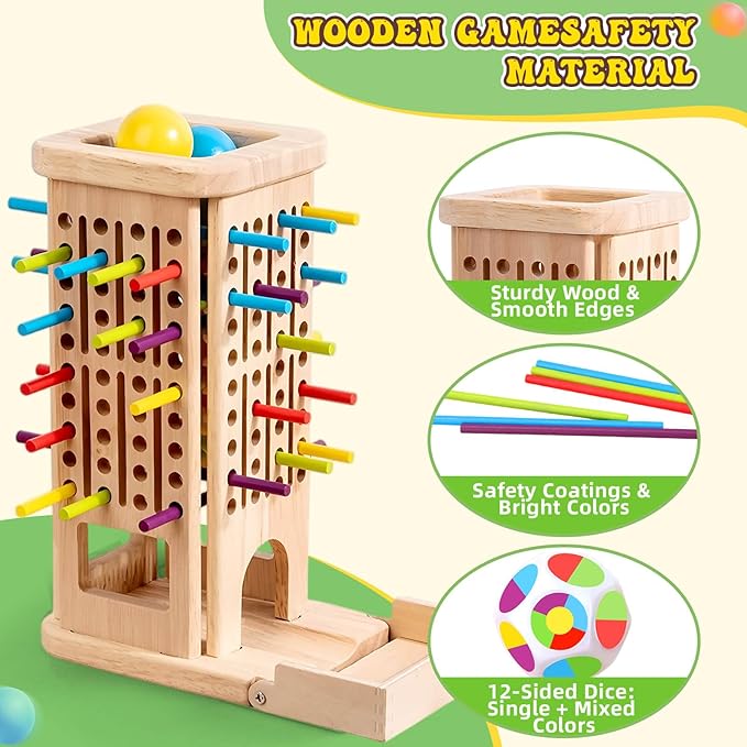 Montessori Wooden Board Games for Kids 3-8 Years: 40 Colorful Wooden Sticks 12-Sided Dice Game Math Educational Toys, Fine Motor Skills Toys for 5 Year Old, Family Games for Kids and Adults