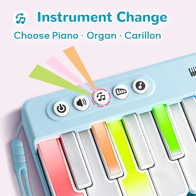 iPlay, iLearn Kids Mini Piano Toy W/Rainbow Lights, Toddler Pocket Travel Piano Keyboard for 1-3, Portable Musical Instrument Toys, Music Interactive Birthday Gift 2 4 5 6 Year Old Boy Girl Child-Blue