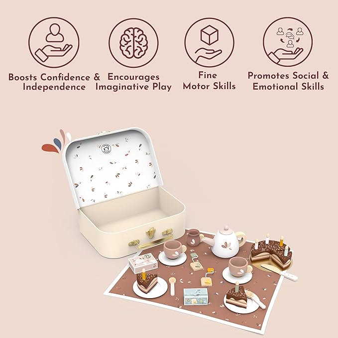 SPEEDY MONKEY Birthday Tea Set for Kids – FSC Wooden Pretend Play Tea Party & Food Set with Teapot, Cups, Cake & Tea Bag – Toddler Girls Imaginative Role Play Kitchen Toy – Colorful Gift for Dollhouse