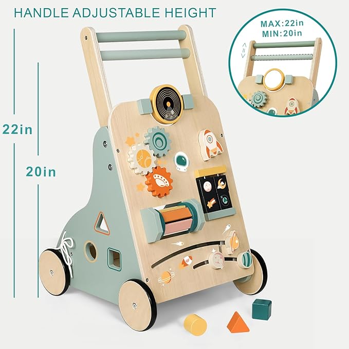 Adjustable Wooden Baby Walker – Montessori Push Toy for 1 Year Old with Rocket-Themed Activity Center, Sit-to-Stand Walker Gift for Boys and Girls