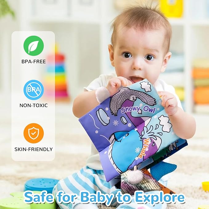 HECCEI Baby Cloth Books Soft Baby Book 0-6 Months Crinkle Books with Tail Touch and Feel Sensory Toys for Infant Tummy Time for 3 Months+, Glacier Tails