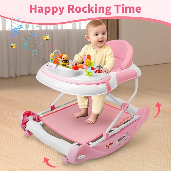 5 in 1 Baby Walker, Music and Lights Walker for Baby Boy Girls 6-12 Months, Foldable Baby Walkers with Wheels and Bouncer Combo Portable, Toddler Infant Walker with Adjustable Height