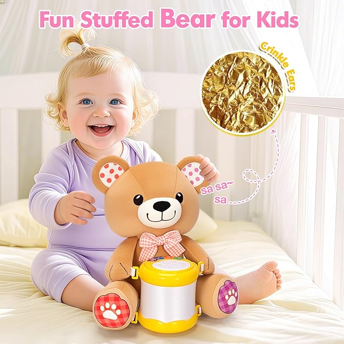 V-Opitos Stuffed Bear Musical Toys for Baby 6-12 Months+, Early Learning Light up Music Drum, Perfect Christmas Birthday Gifts for Boy & Girl Age 1, 2 Years Old