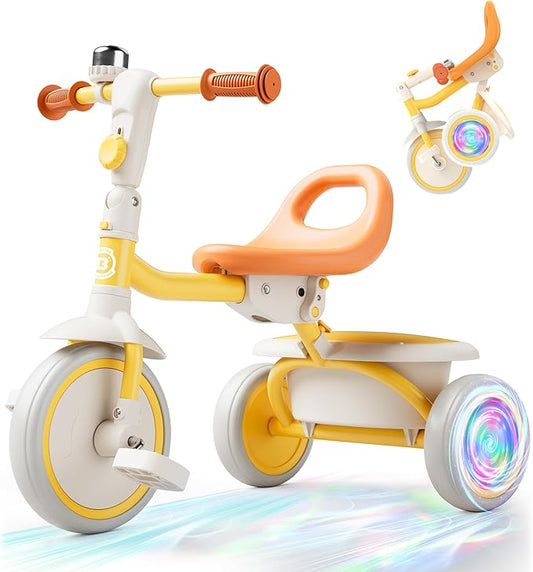 besrey Colorful Lighting Toddler Tricycle for Ages 18 Months to 5 Years, Toddler Bike with Bell, Kids Tricycle, Gift for 2-5 Year Olds, Toy for Boys and Girls, Tricycle for Toddlers, Yellow