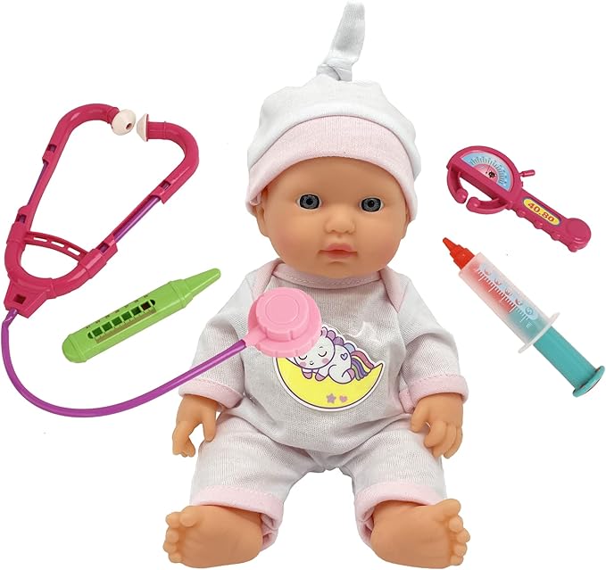 10" Baby Doll Doctor Set for Kids- Toy Nurse Kit for Toddler, Little Girl – Playset Pack with Checkup Accessories & Newborn Doll in Unicorn Hospital Clothes – Cute, Fun Healthcare Dolly for Children