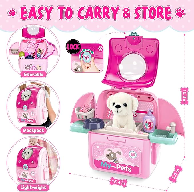 Girl Toys Gifts for 2 3 4 5 6 Years Old, Toddler Girl Toys, Pet Care Pretend Doctor Set Toys for Kids, Doctor kit for Toddlers 1-3 3-5, Kids Doctors Play Set with Plush Puppy Toy&Storage Backpack