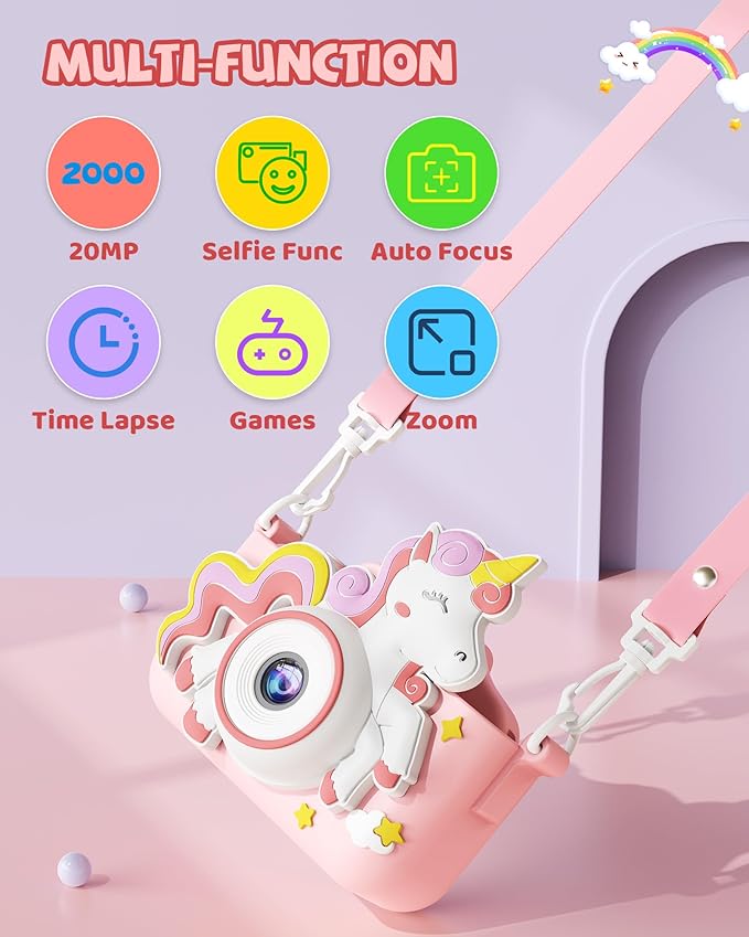 Kikapabi Unicorn Kids Camera Toys for Girls Boys Age 3-8, Christmas Birthday Gifts for Girls Age 3 4 5 6 7 8, Digital Camera with Silicon Cute Cover for Kids, Toddler Camera for Kids with 32G SD Card