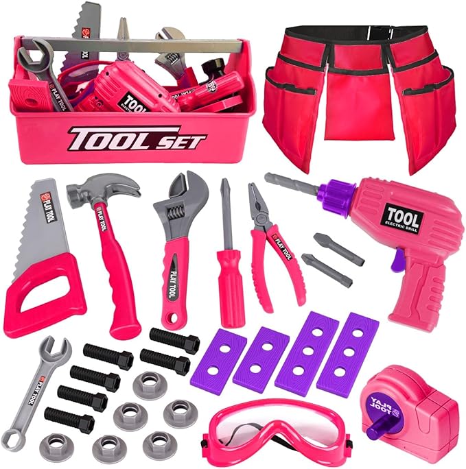 LOYO Kids Tool Set - Toddler Tool Set with Kid Tool Belt Tool Box & Electronic Toy Drill, Kids Construction Toys for Girls Boys Gift for Toddlers Girls Ages 3, 4, 5, 6, 7 Years Old