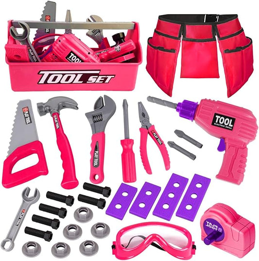 LOYO Kids Tool Set - Toddler Tool Set with Kid Tool Belt Tool Box & Electronic Toy Drill, Kids Construction Toys for Girls Boys Gift for Toddlers Girls Ages 3, 4, 5, 6, 7 Years Old