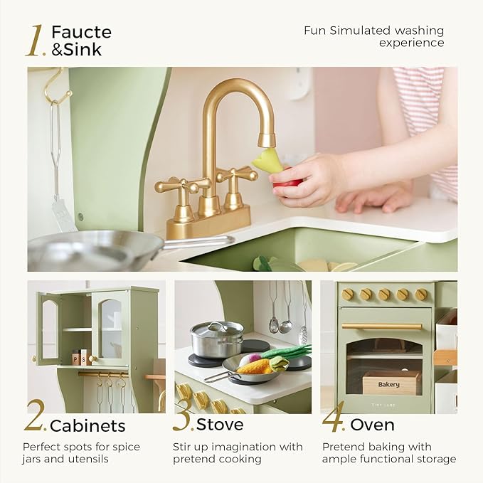 Tiny Land Play Kitchen for Kids with Enhanced Storage – Modern Toddler Kitchen Playset with Stove, Sink & Accessories, Organized Wooden Toy Kitchen, Ideal for Toddlers