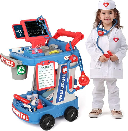 Liberry Doctor Kit for Toddlers Ages 2 3 4 5, Pretend Kids Doctor Playset with Cart, Costume and Stethoscope, Role Play Medical Toys Gift Birthday Christmas for Girls Boys (Blue)