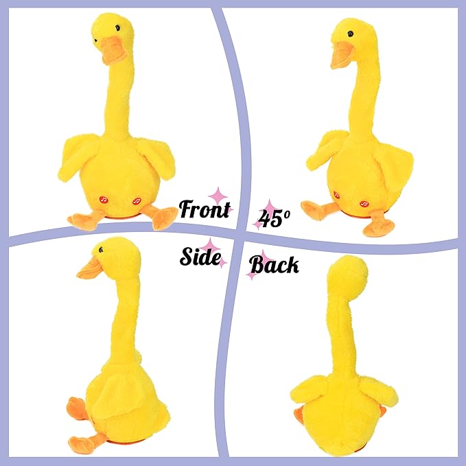 Hopearl Glowing Dancing Duck Toy Repeats What You Say Talking Duckling Toy Wriggle Singing Mimicking Twisting Light Up Interactive Animated Toy Speaking Plush Gift for Kids, Yellow, 13''