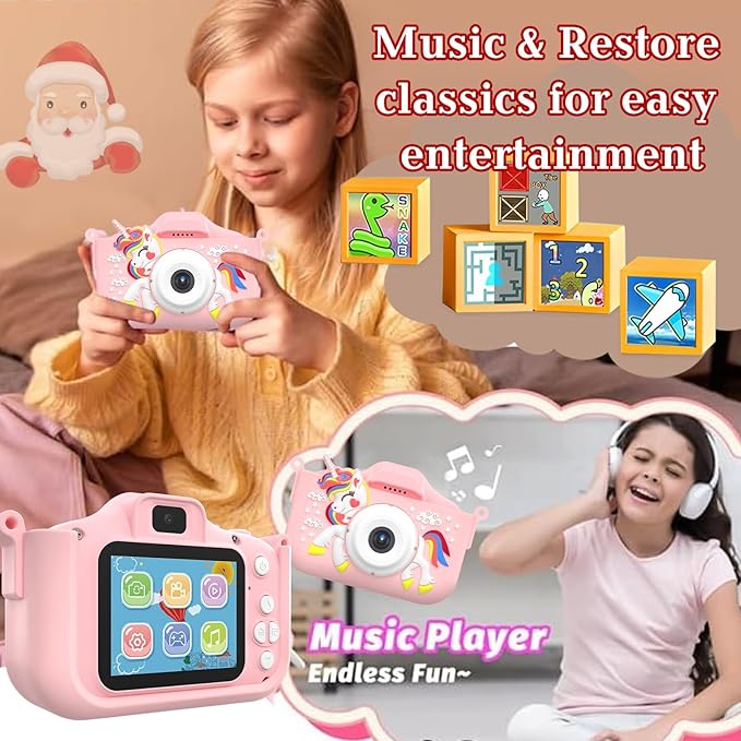 Kids Camera for 3-9 Year Old Boys Girls, Children Digital Camera with Cute Cartoon Soft Cover & 32GB SD Card, Best Christmas Birthday Gifts for Grandkids, Halloween Party Favors for Kids - Pink