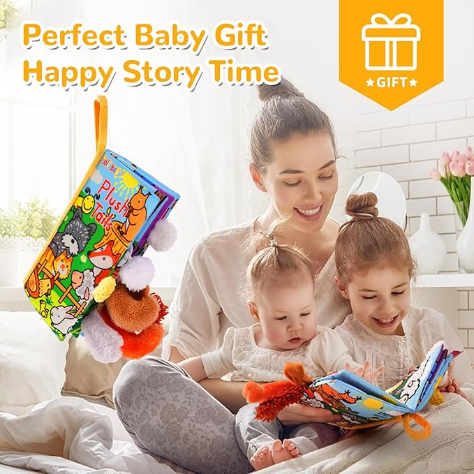 HECCEI Baby Cloth Books Soft Baby Book 0-6 Months Crinkle Books with Tail Touch and Feel Sensory Toys for Infant Tummy Time for 3 Months+, Plush Tails