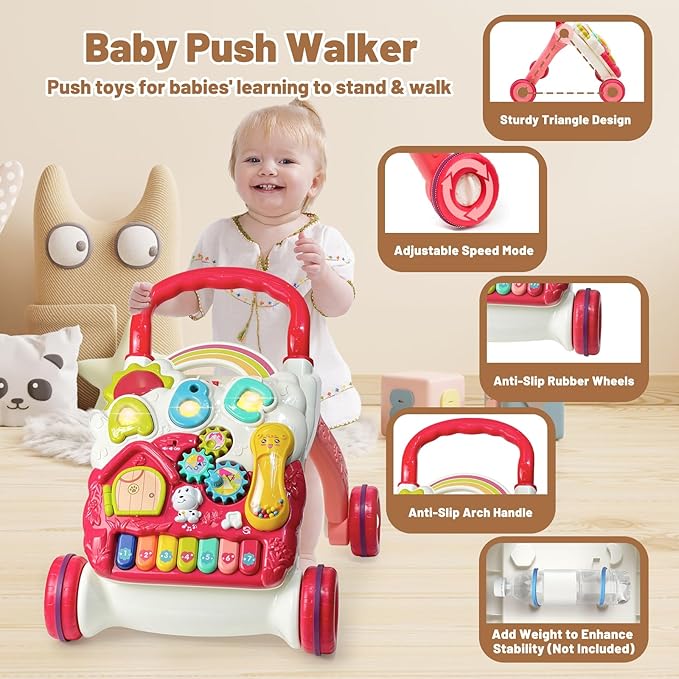 Sit to Stand Baby Walker, Activity Center with Music and Light, Activity Table for Toddlers, Push Toys for Babies Learning to Walk, Early Education Toys for Infant Boys Girls 6 Months Up (Red)