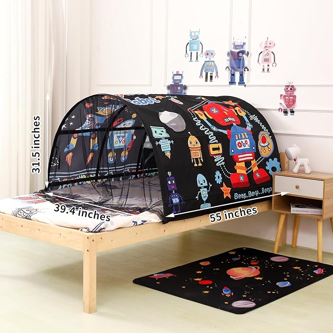 Kids Bed Tent Twin Beds -Cartoons Wonder Play Tents Boys Girls Ventilated Indoor Play Tent Children Promotes Independent Play, Stimulates Imagination Set-Up Playhouse (Robots)