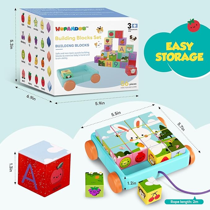 56PCS Building Blocks, Alphabet & Number Stacking Blocks for Toddlers with Storage Pull Toy Car & ABC Cards, Preschool Early Learning & Educational Toys, Baby Kids Birthday STEM Toys 3 4 5 6
