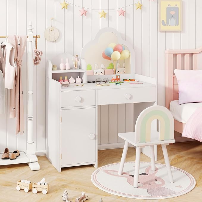 HONEY JOY Kids Vanity, Cloud Shape Wooden Girls Vanity Set with Mirror and Stool, Drawers, Storage Cabinet, Toddler Makeup Desk Dressing Table, Pretend Play Kids Vanity Table and Chair Set (White)