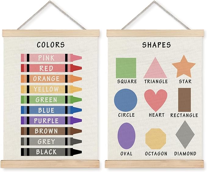 Supwhd Shapes Colors Posters for Classroom Wall, Shapes Colors Learning Poster Hanger Frame Wall Decor for Classroom Nursery Kids Room Playroom Preschool Decor, 12x16 Set of 2