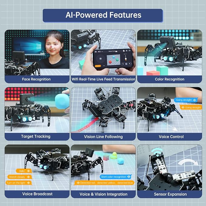 18DOF Hexapod Robot for Arduino Programming, Spider Walking Crawling Self-Balancing AI Vision Voice Control Obstacle Avoidance, STEM Education Open Source Robot with Tutorials, miniHexa Standard Kit