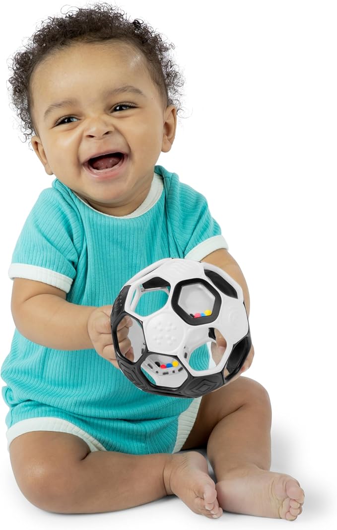 Bright Starts Oball Grippin' Goals Rattle Soccer Ball - Black & White, Easy-Grasp Toy for Newborn and Up