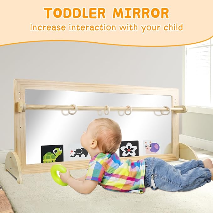 Montessori Mirror with Bar, Adjustable Wood Baby Pull Up Bar, Floor & Wall Shatterproof Safety Infant Coordination Montessori Furniture, for Home, Daycare, or Preschool