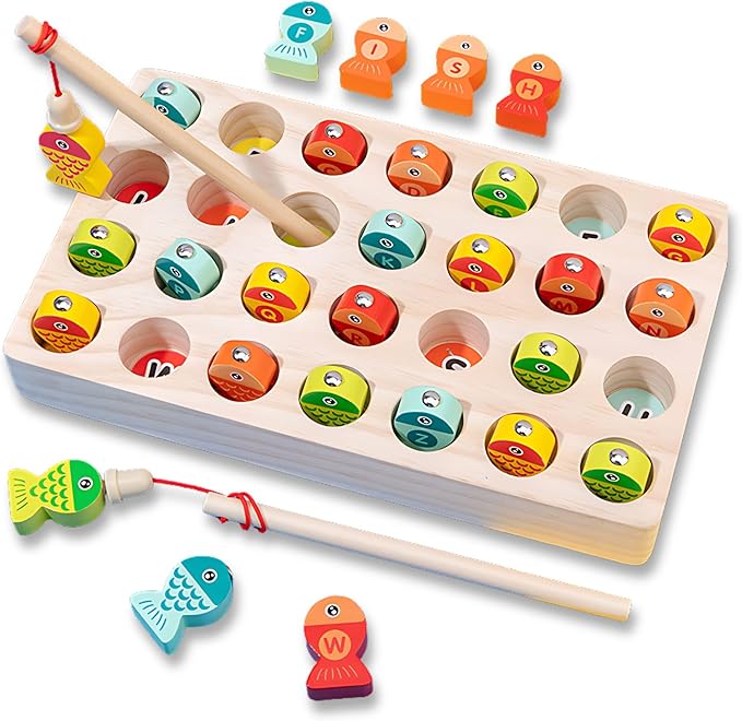 Haktoys Magnetic Wooden Alphabet Fishing Game with Ocean Sticker Book – Montessori ABC Toy with 26 Lettered Fish & 2 Poles – Educational Travel Toy for Toddlers, Boys & Girls Ages 3+