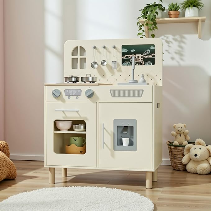 MAMIZO Play Kitchen for Kids, Pretend Playset with Blackboard & Realistic Lights & Sounds, Ultimate Interactive Wooden Kitchen with Knob Sounds, Sink, Water Dispenser, 6 Pcs Cookware for Ages 3+,Cream