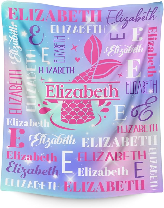 Personalized Mermaid Blankets for Kids Teens Adults, Girls Women Throw Blanket Gifts for Mermaid Lovers, Custom Name Soft Warm Flannel Monogram Blankets Decor for Bed Couch Sofa Home Room