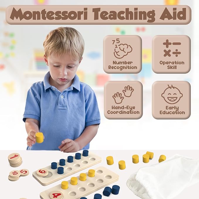 TEUVO Counting Peg Board Montessori Toys for Kids Aged 3 4 5 6 Years Old, Montessori Math Manipulatives Materials Wooden Preschool Learning Number and Counting Games for Home School Classroom Teaching