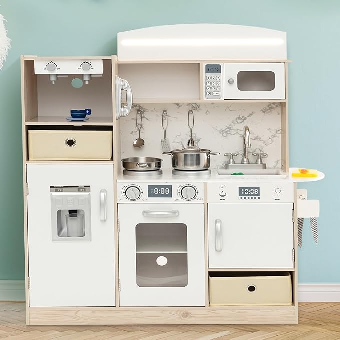 Costzon Kids Kitchen Playset, Wooden Little Chef Pretend Play Kitchen with Deluxe LED Lights, Coffee Maker, Ice Maker, Microwave, Oven, Play Phone, Toddler Kitchen Toy Set for Boys & Girls 3+ (White)