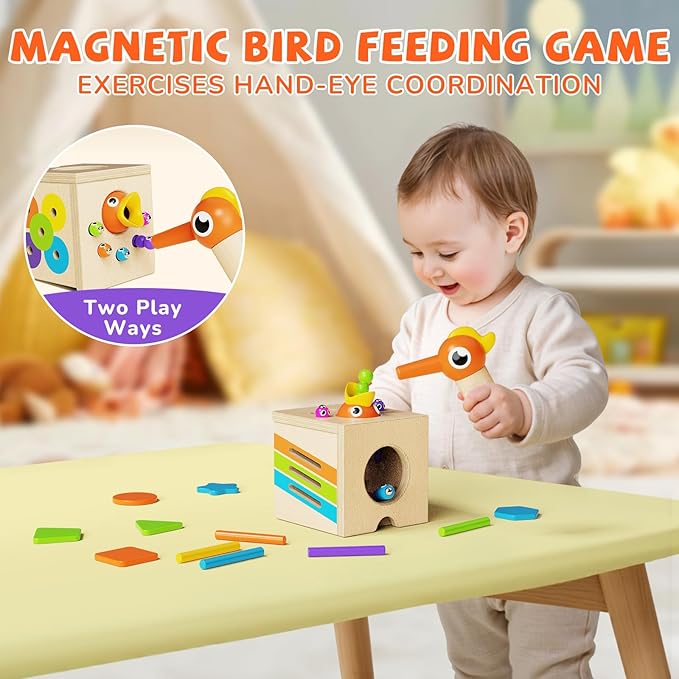 5-in-1 Wooden Activity Cube, Toddlers Montessori Toys for Baby Boys Girls, Baby Activity Center for 2+ Year Old, Woodpecker Worm Toy Magnetic Bird Feeding Game, Educational Color & Shape Sorting Toy