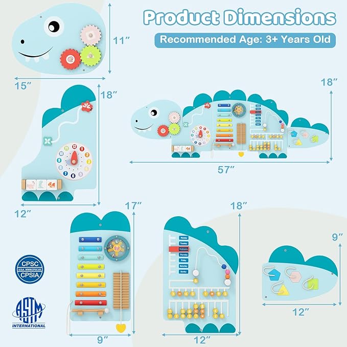 GLACER Dinosaur Wall Busy Board Panels, 11-in-1 Wooden Learning Activity Center for Early Education, Wall-Mounted Montessori Sensory Toddler Toys for Playroom, Daycare, Nursery (Blue)